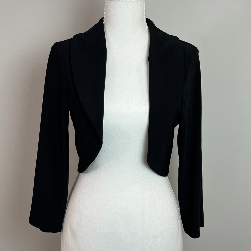 Frank Lyman Design Black Cropped Bolero Jacket Shawl Collar Shrug Size 8